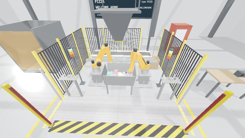 Letter Launcher Robot Factory: two robot arms setting a word from a bin of 3D letters