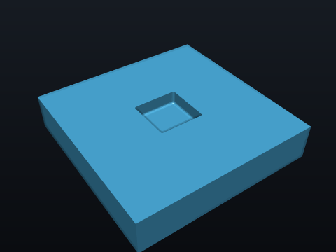 Injection-mould a 40 x 40 x 8 mm plate with a shallow square 10 x 10 x 3 mm pocket, no draft, no corner relief. — after cad_fillet_edges, rendered by the kernel