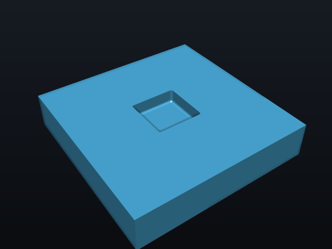 Injection-mould a 40 x 40 x 8 mm plate with a shallow square 10 x 10 x 3 mm pocket, no draft, no corner relief. — the part that passed, rendered by the kernel