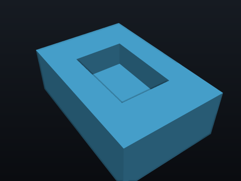 Mill a 60 x 40 x 20 mm block with a square-cornered 30 x 20 x 12 mm pocket — no corner relief for the cutter. — first build, rendered by the kernel