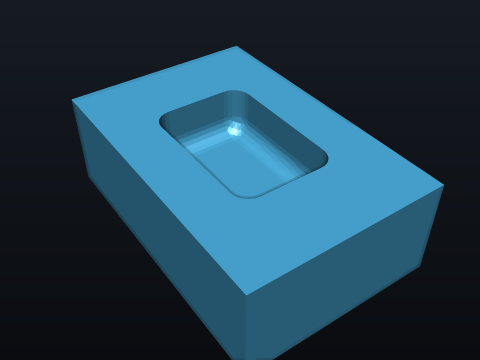 Mill a 60 x 40 x 20 mm block with a square-cornered 30 x 20 x 12 mm pocket — no corner relief for the cutter. — the part that passed, rendered by the kernel