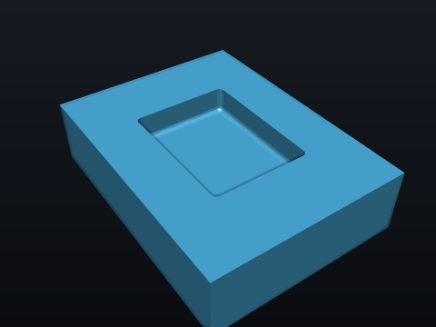 Laser-cut a 40 x 30 x 10 mm sheet-metal block with a square 20 x 15 x 5 mm pocket — no corner relief for the cutting head. — the part that passed, rendered by the kernel