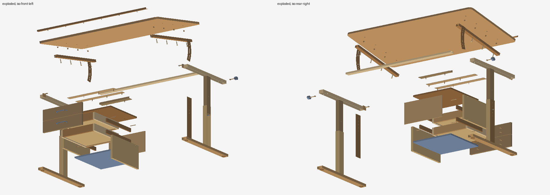 Exploded view of the steel desk