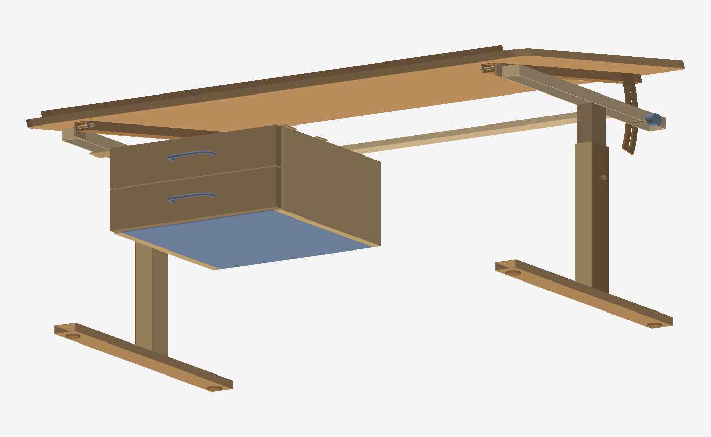 Steel-frame drafting desk, iso view, worktop tilted 15 degrees
