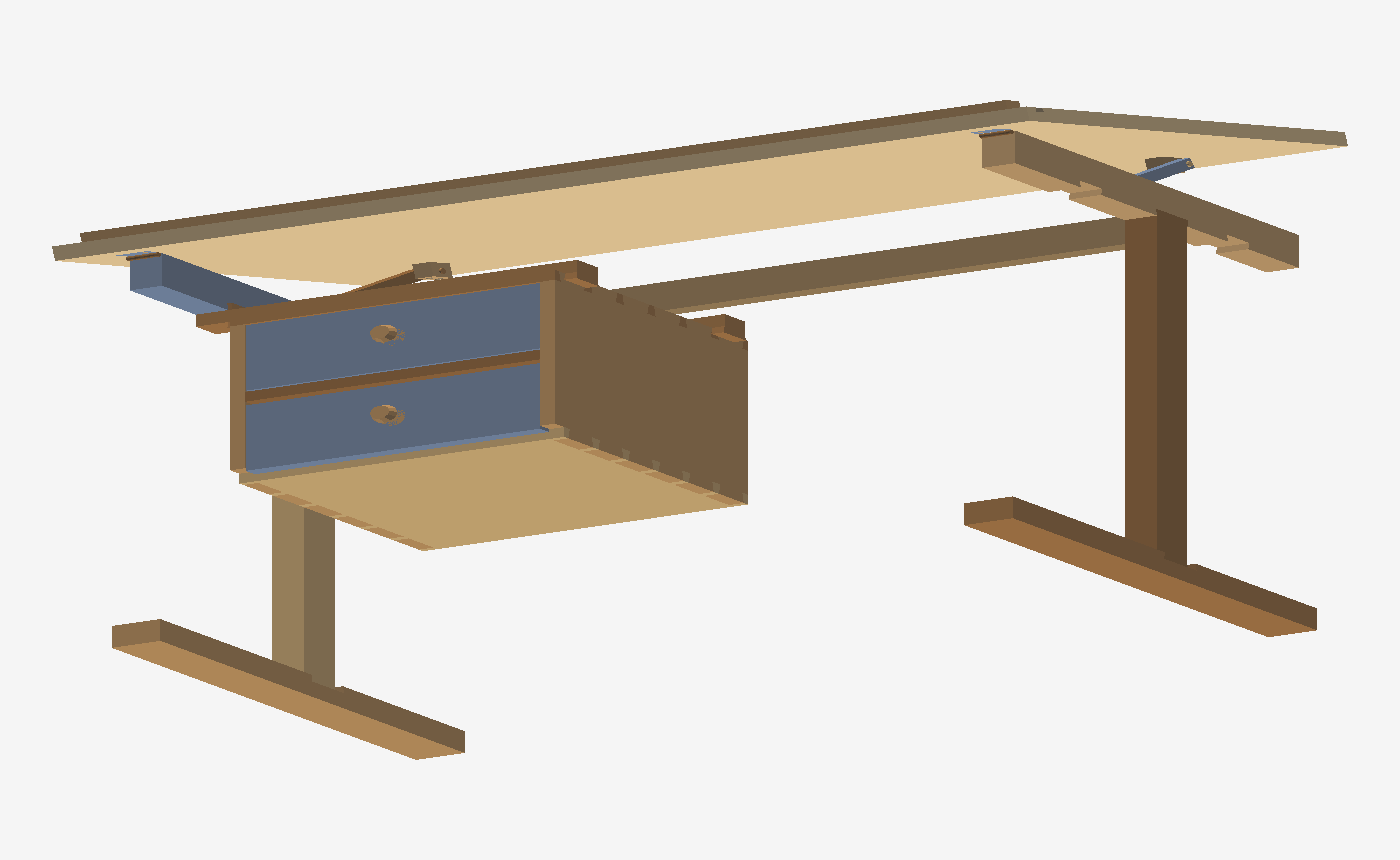Solid oak drafting desk with dovetail joinery, iso view