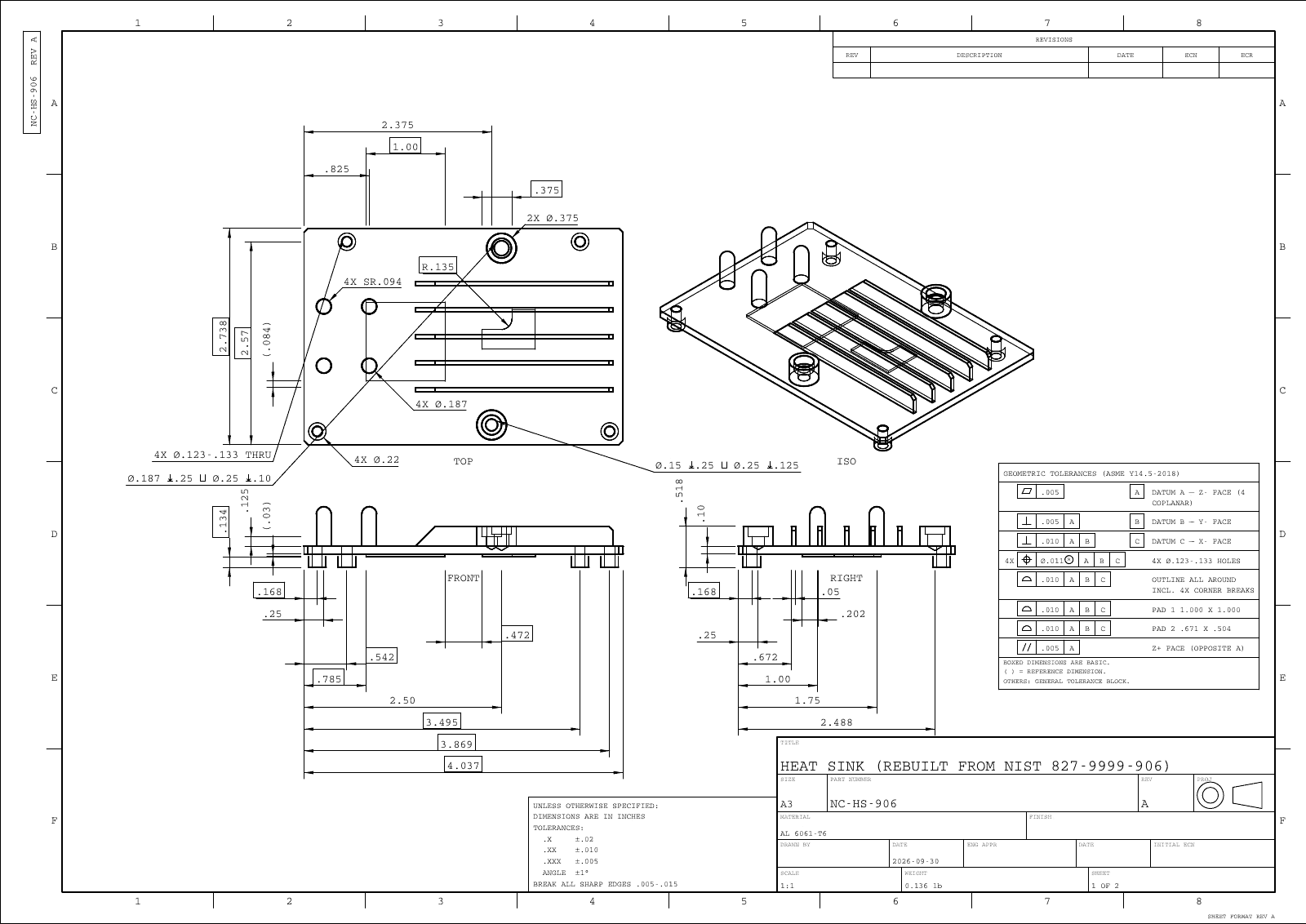 Drawing NativeCAD made of the rebuilt heat sink, NC-HS-906, sheet 1: inch dimensions, datums A B C, 4X position ⌀.011 at MMC on the mounting holes and the GD&T table