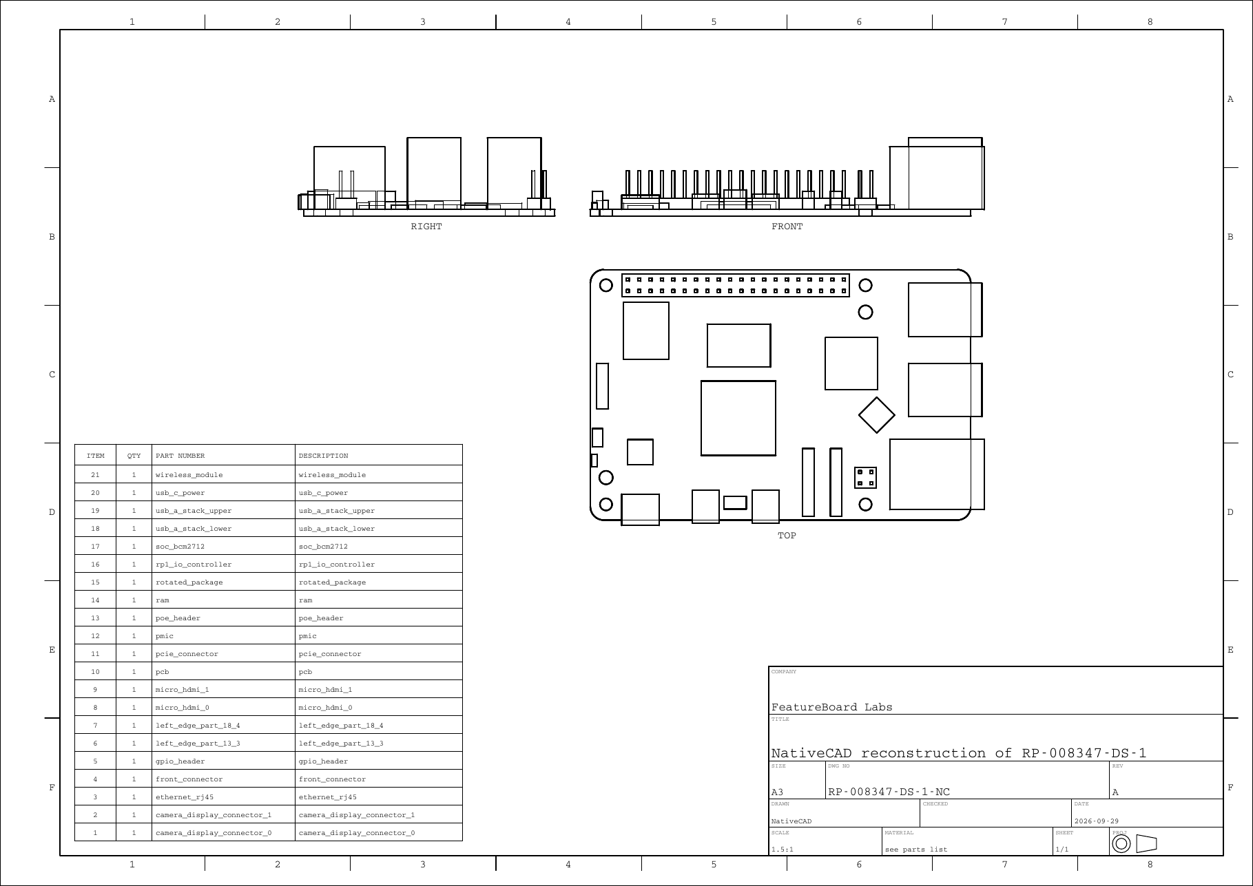 Drawing sheet NativeCAD generated from the rebuilt Raspberry Pi 5 board