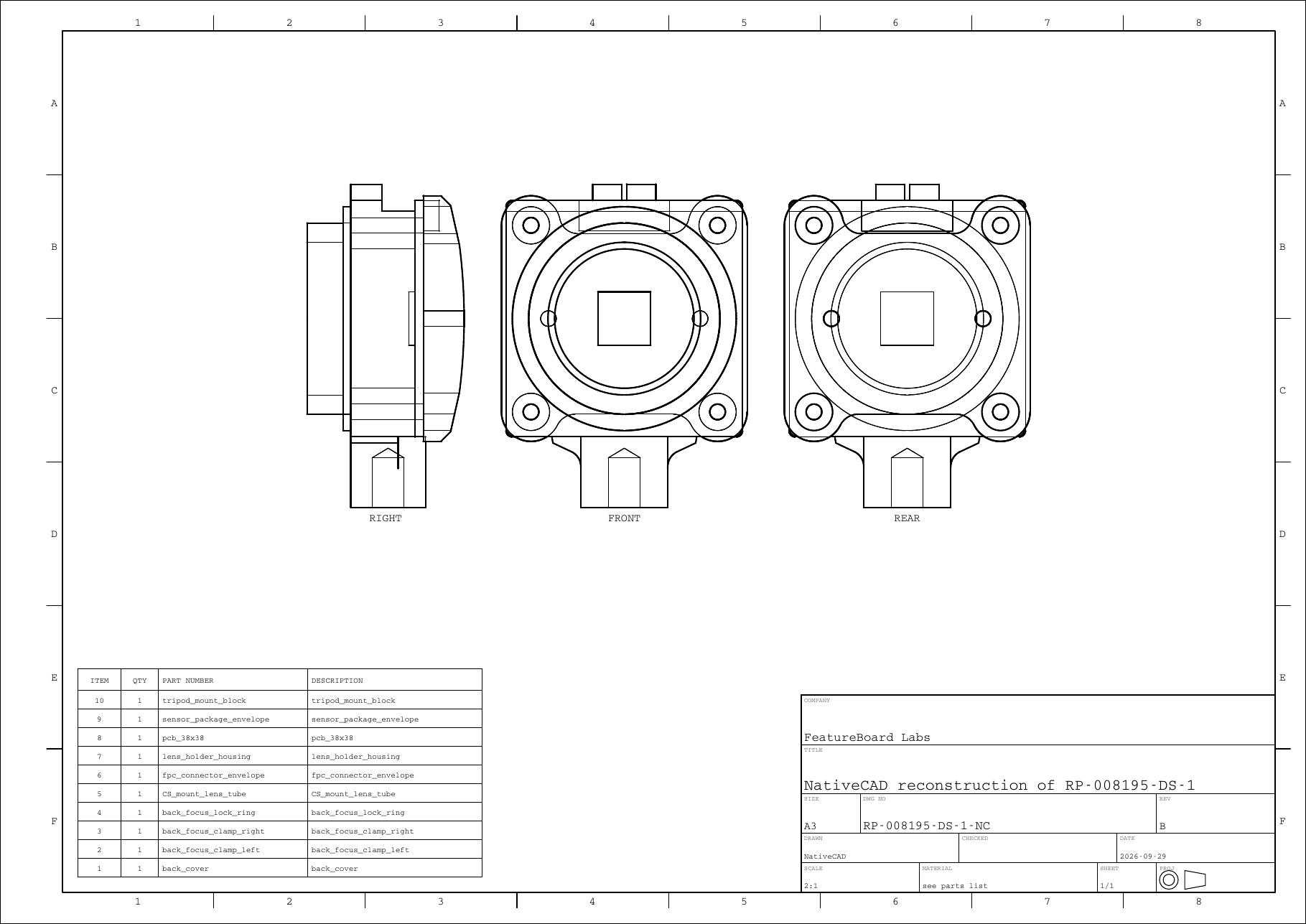 Drawing sheet NativeCAD generated from the rebuilt camera model