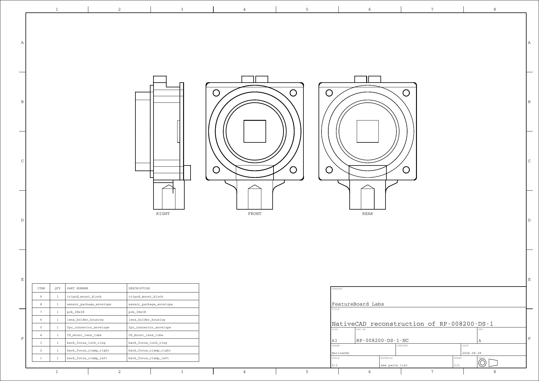 Drawing sheet NativeCAD generated from the rebuilt HQ camera model