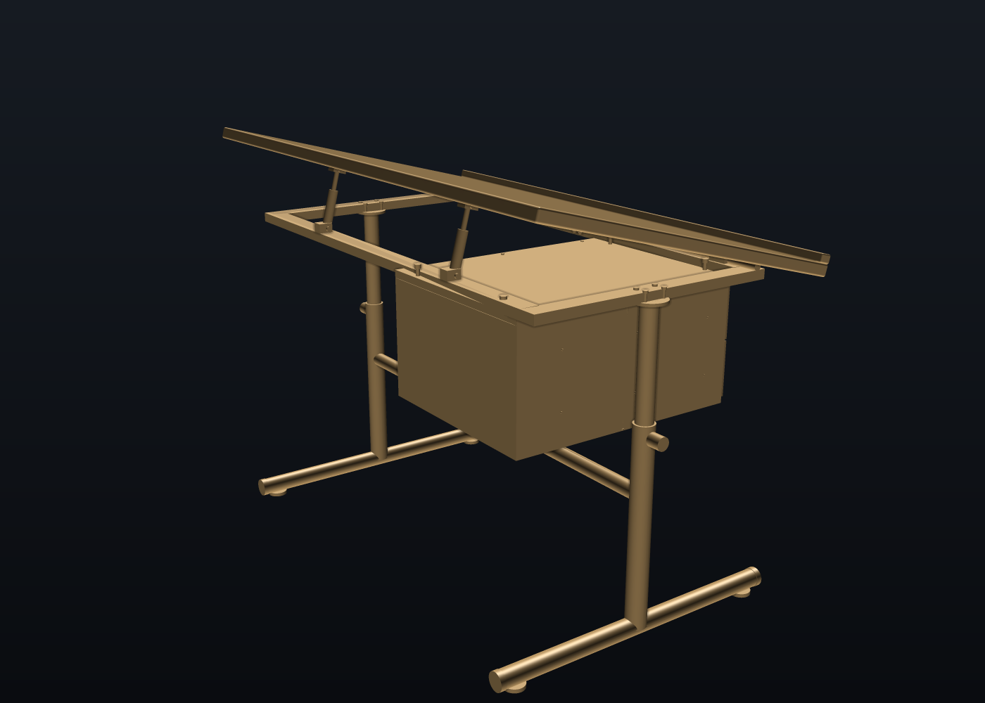 Rear three-quarter view: gas struts, eye brackets, flange bolts and pedestal hanger bolts