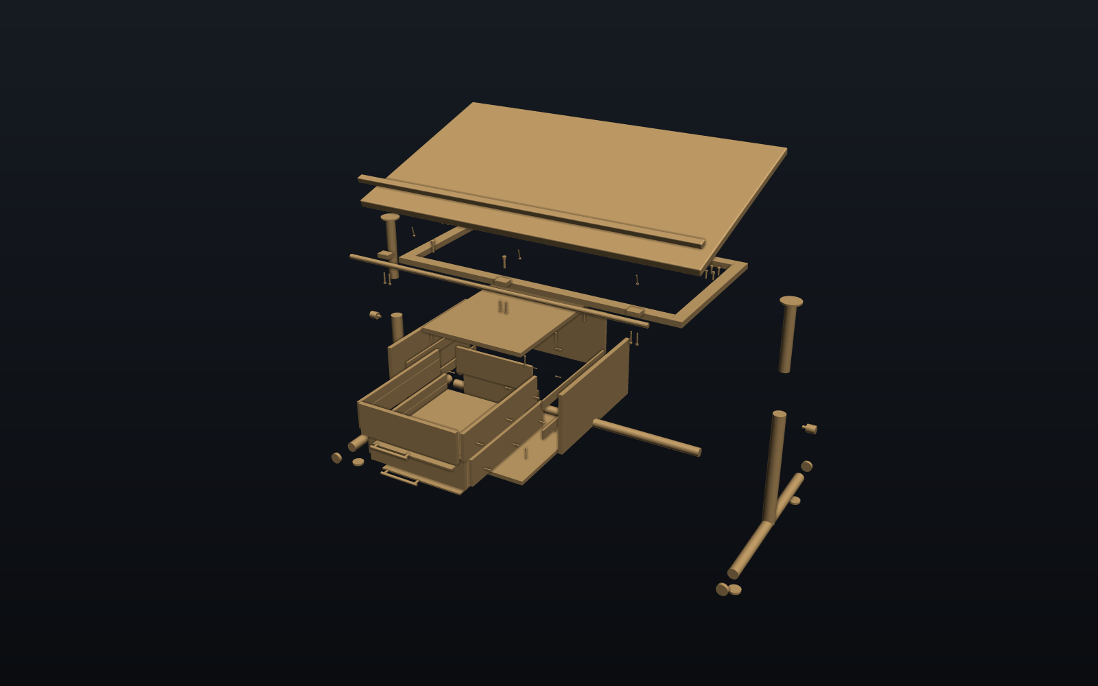 The desk, exploded