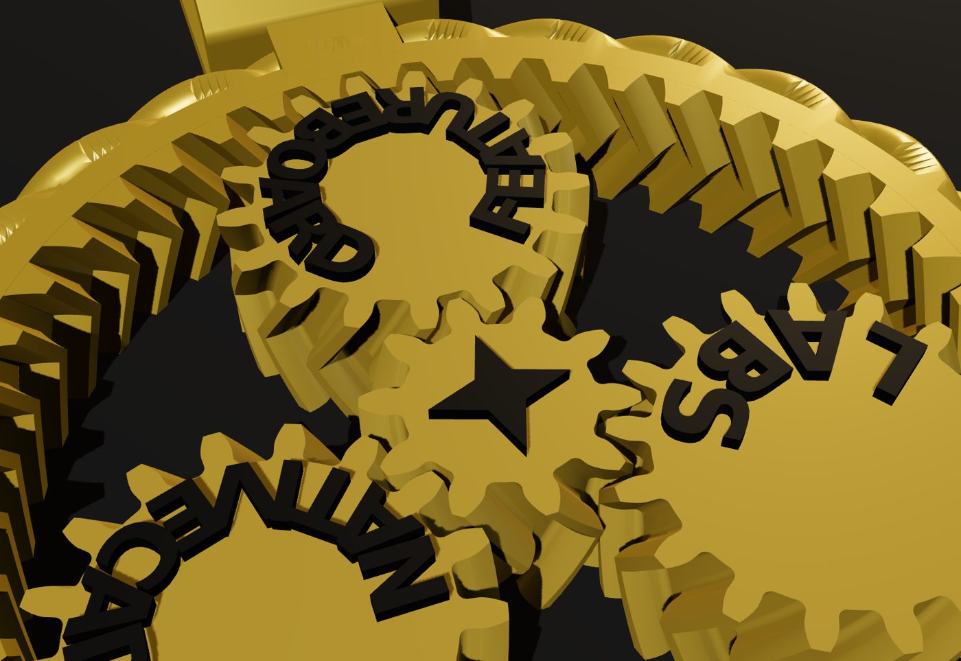 Close-up of the herringbone gear teeth and raised black lettering