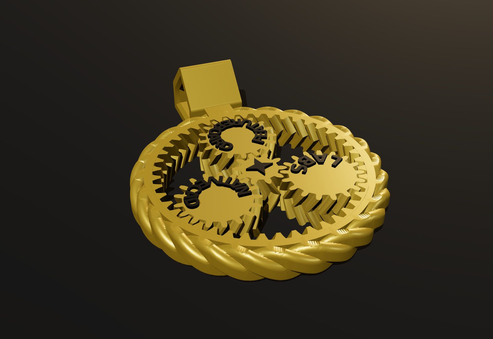 The gold Labs Planetary pendant: a braided rim around a ring gear, three lettered planet gears and a star-marked sun gear, with a chain bail on top