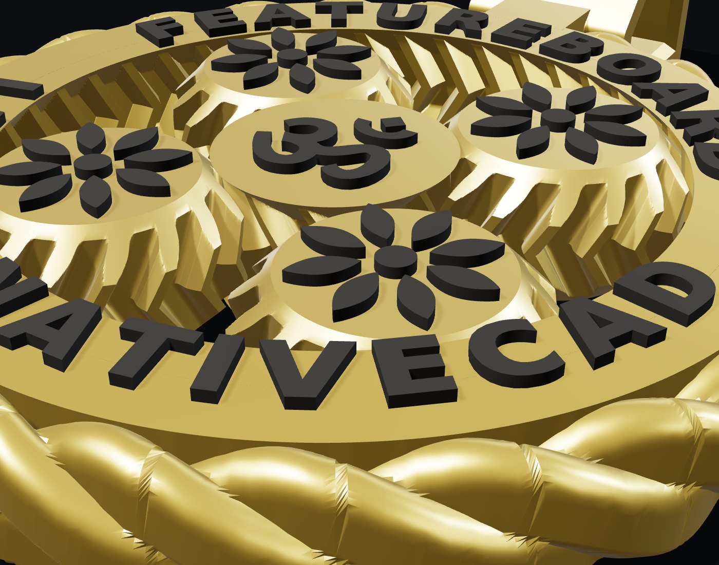 Close-up of the four capped herringbone planets and the rim lettering
