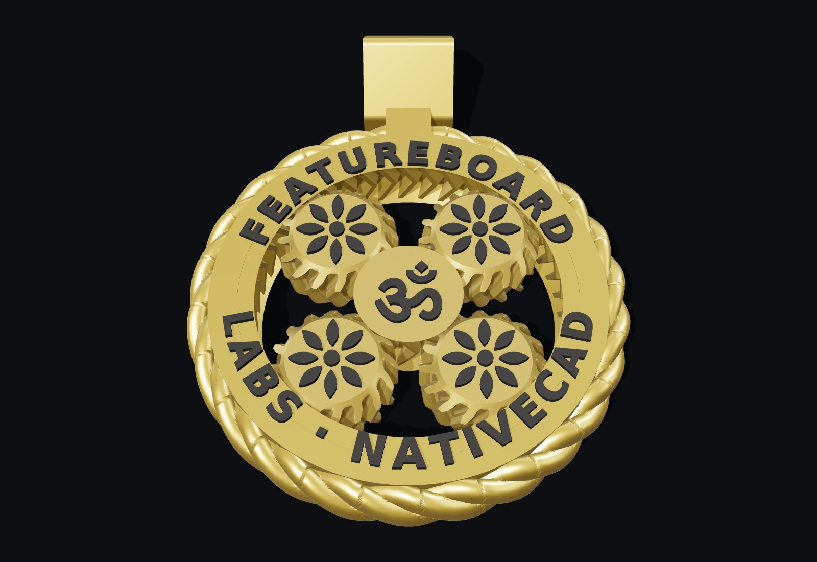 The Labs Planetary v2 pendant: four planet gears around a star-marked sun, capped inside a ring lettered FEATUREBOARD across the top and LABS · NATIVECAD across the bottom, with a braided rim and chain bail