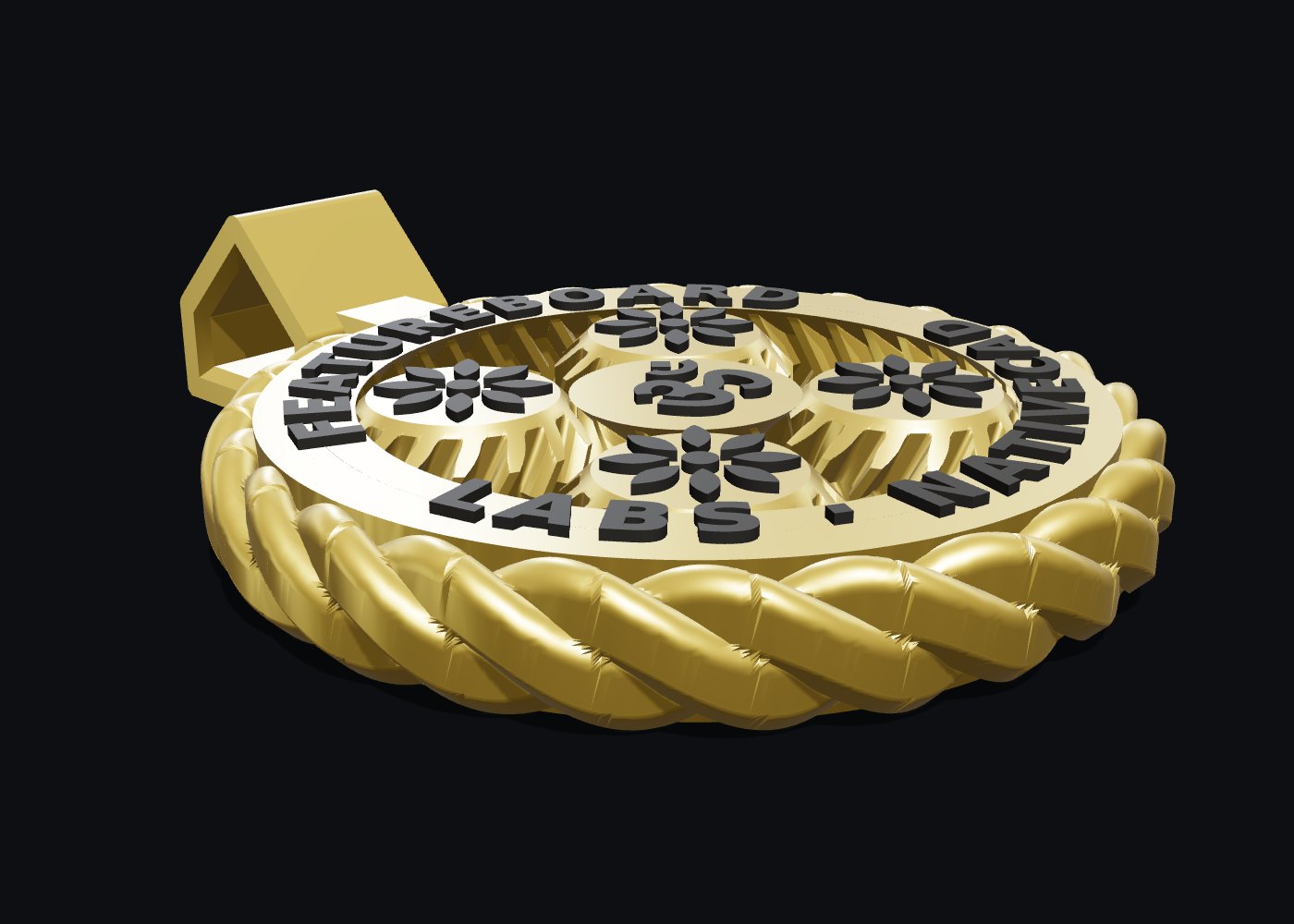 The v2 pendant from a low angle, showing the capped planets and the braided rim
