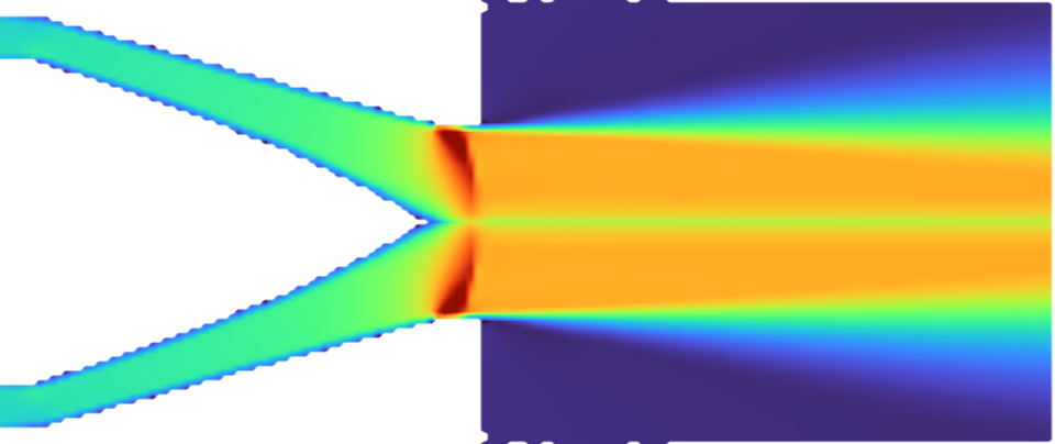 Mach-number field from the SU2 solution of the exhaust nozzle, mirrored about the engine axis: slow gas around the tail cone accelerating through the converging cone to a fast jet leaving the lip, with still air outside